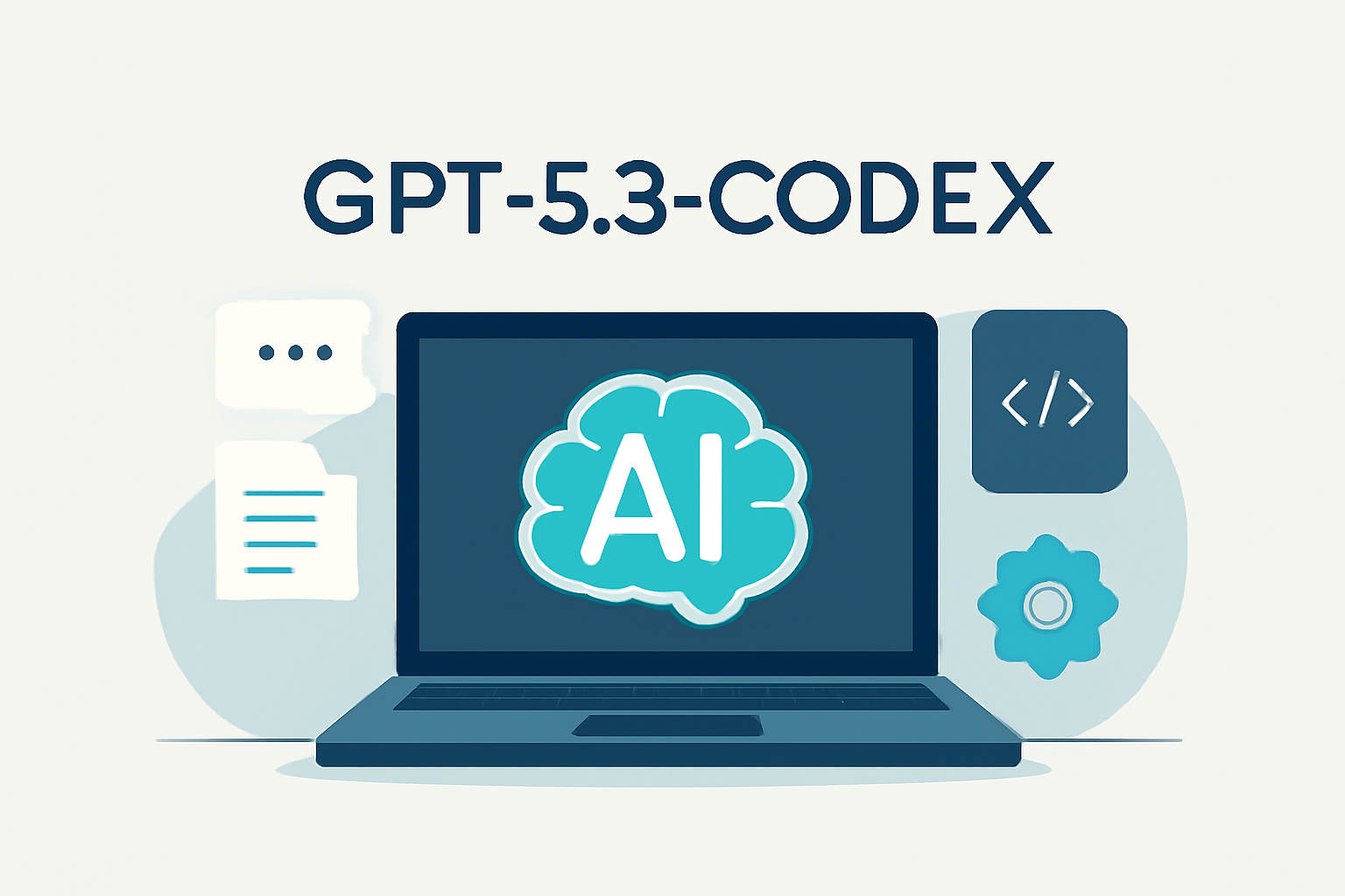 Create a clean, modern, editorial illustration for a tech news article. Style: flat illustration, minimal shapes, subtle gradients. No text, no logos, no brand marks. High-contrast, minimal, professional. Theme: GPT-5.3-Codex