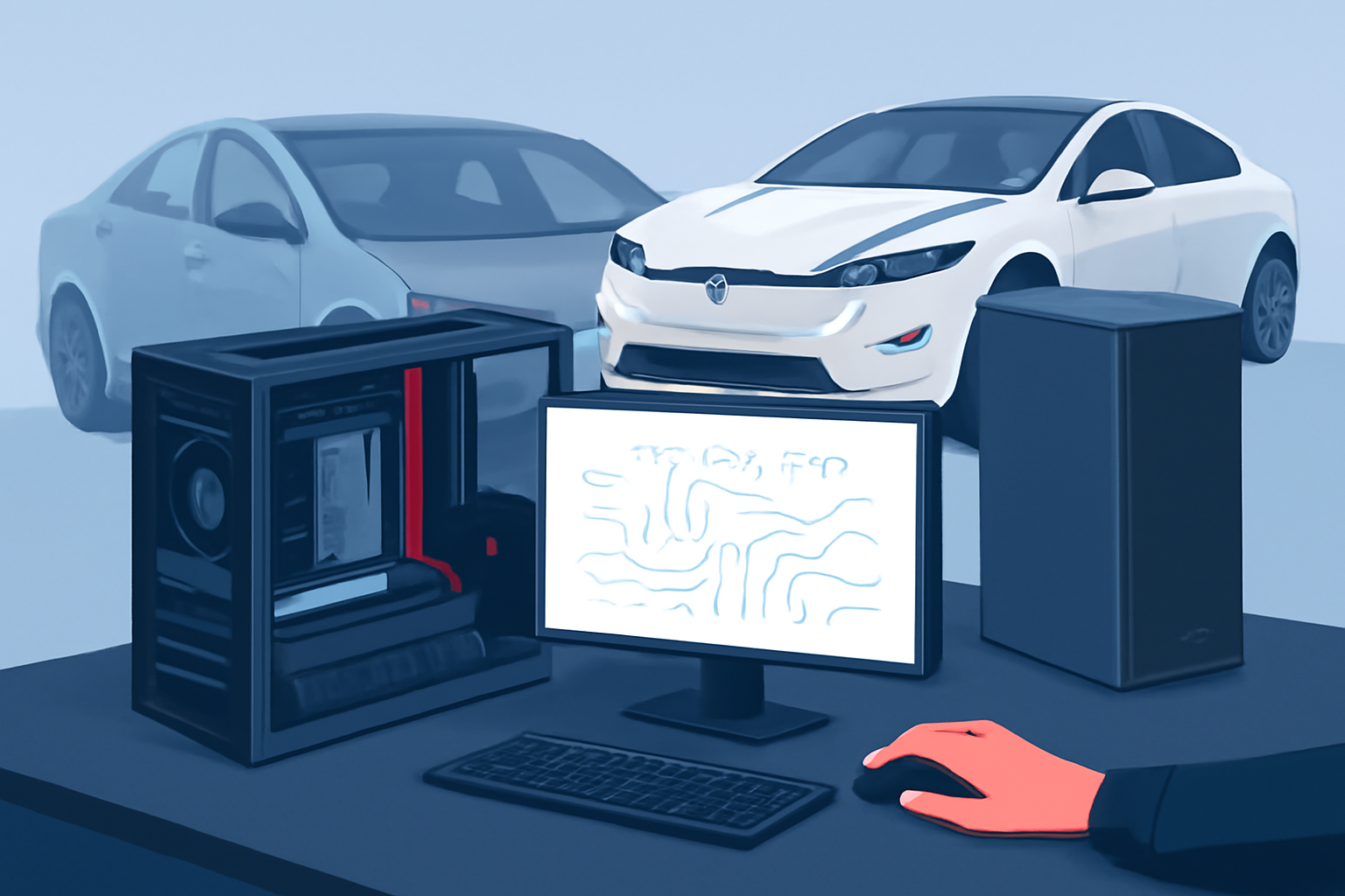 Create a clean, modern, editorial illustration for a tech news article. Style: flat illustration, minimal shapes, subtle gradients. No text, no logos, no brand marks. High-contrast, minimal, professional. Theme: Running Tesla Model 3's computer on my desk using parts from crashed cars